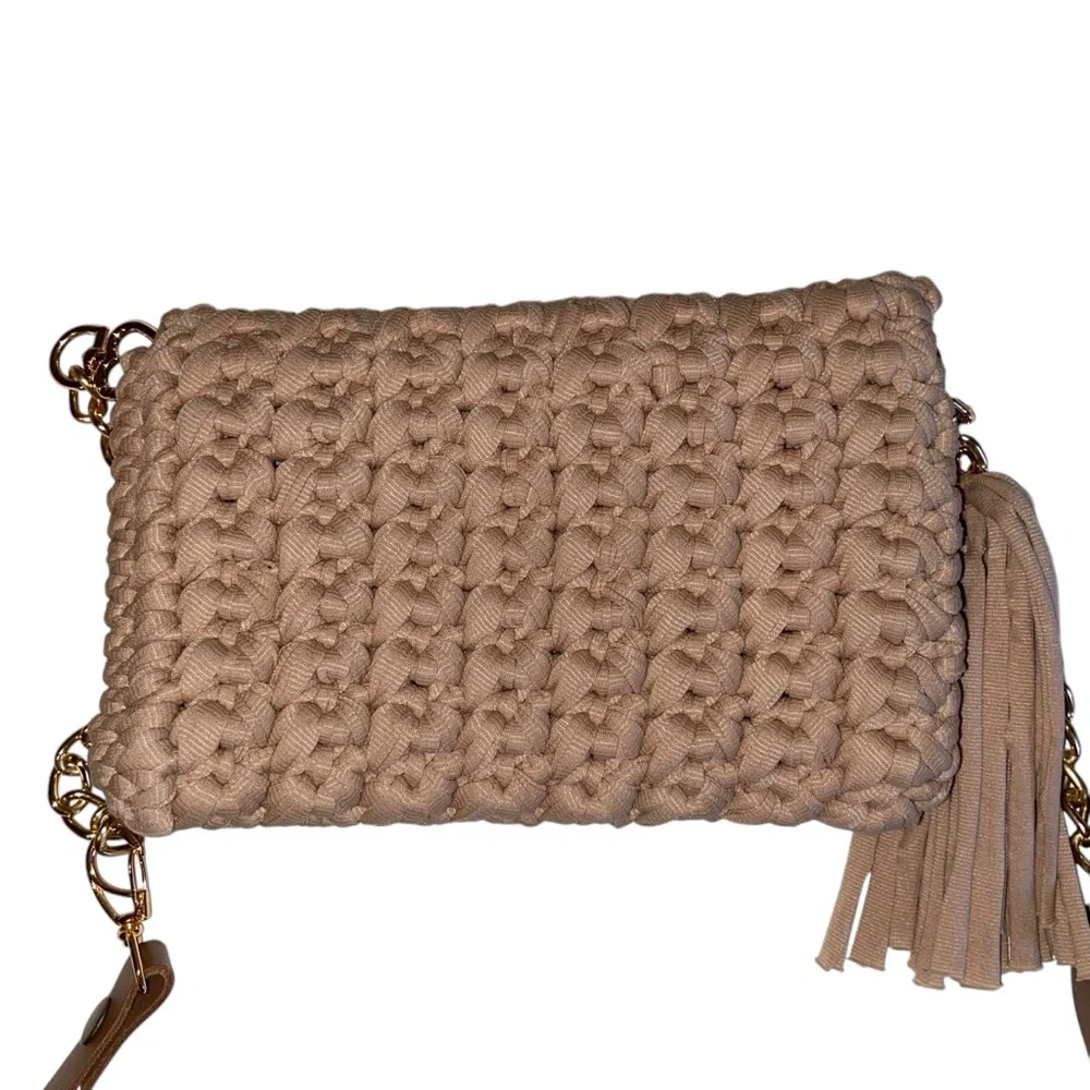 Tamille Crochet Bag Womens Purse Woven Gold Chain Leather Shoulder Strap Beige